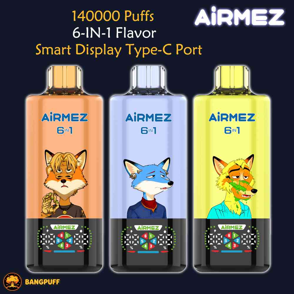 AIRMEZ 6 in 1 140000 puffs disposable vape multi flavor switching dual mesh coil big screen rechargeable type c vape