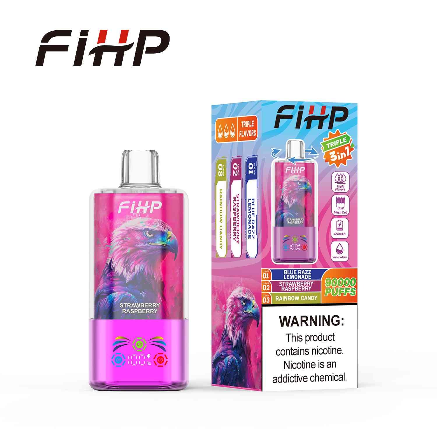 FIHP 3 in 1 90000 Puffs Disposable Vape | Triple Flavor Switch LED Display Dual Mesh Coil Rechargeable Type-C 42ML Vape - 画像 (3)