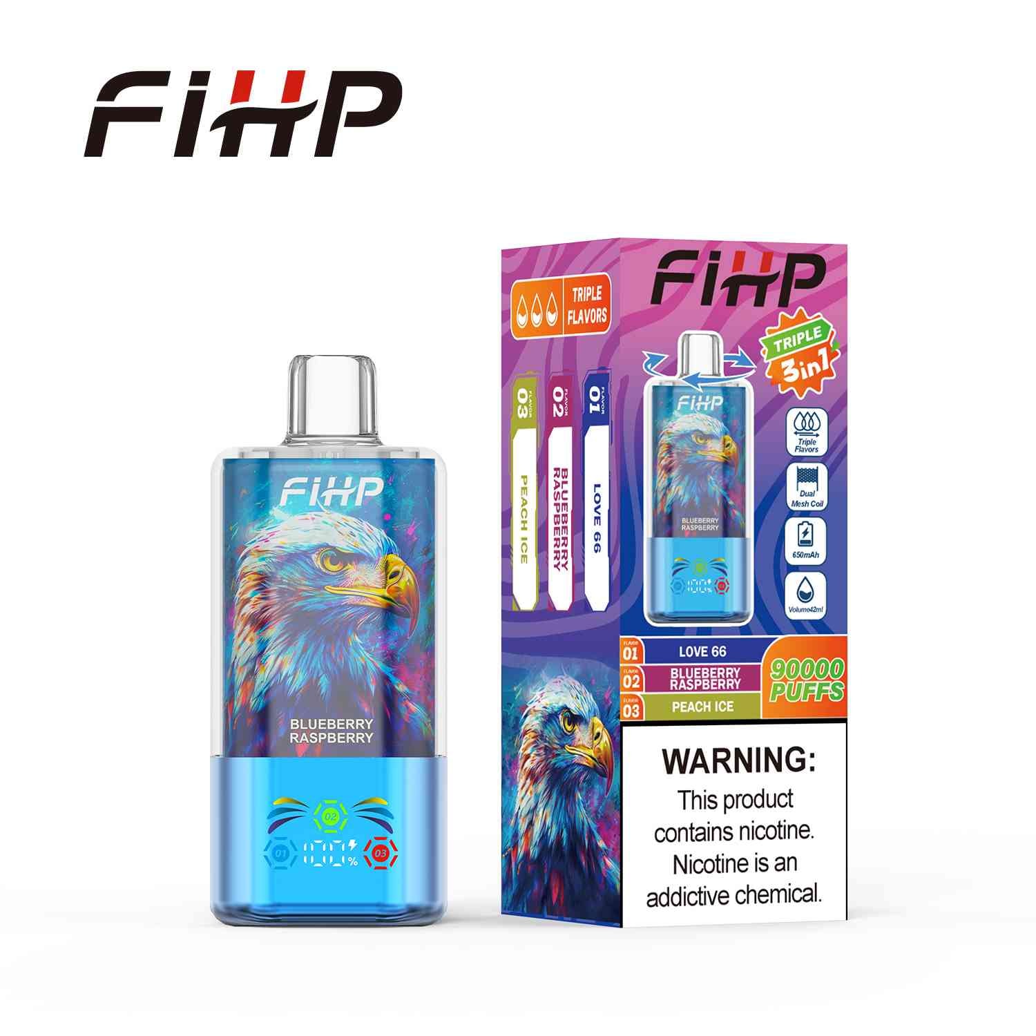 FIHP 3 in 1 90000 Puffs Disposable Vape | Triple Flavor Switch LED Display Dual Mesh Coil Rechargeable Type-C 42ML Vape - 画像 (6)