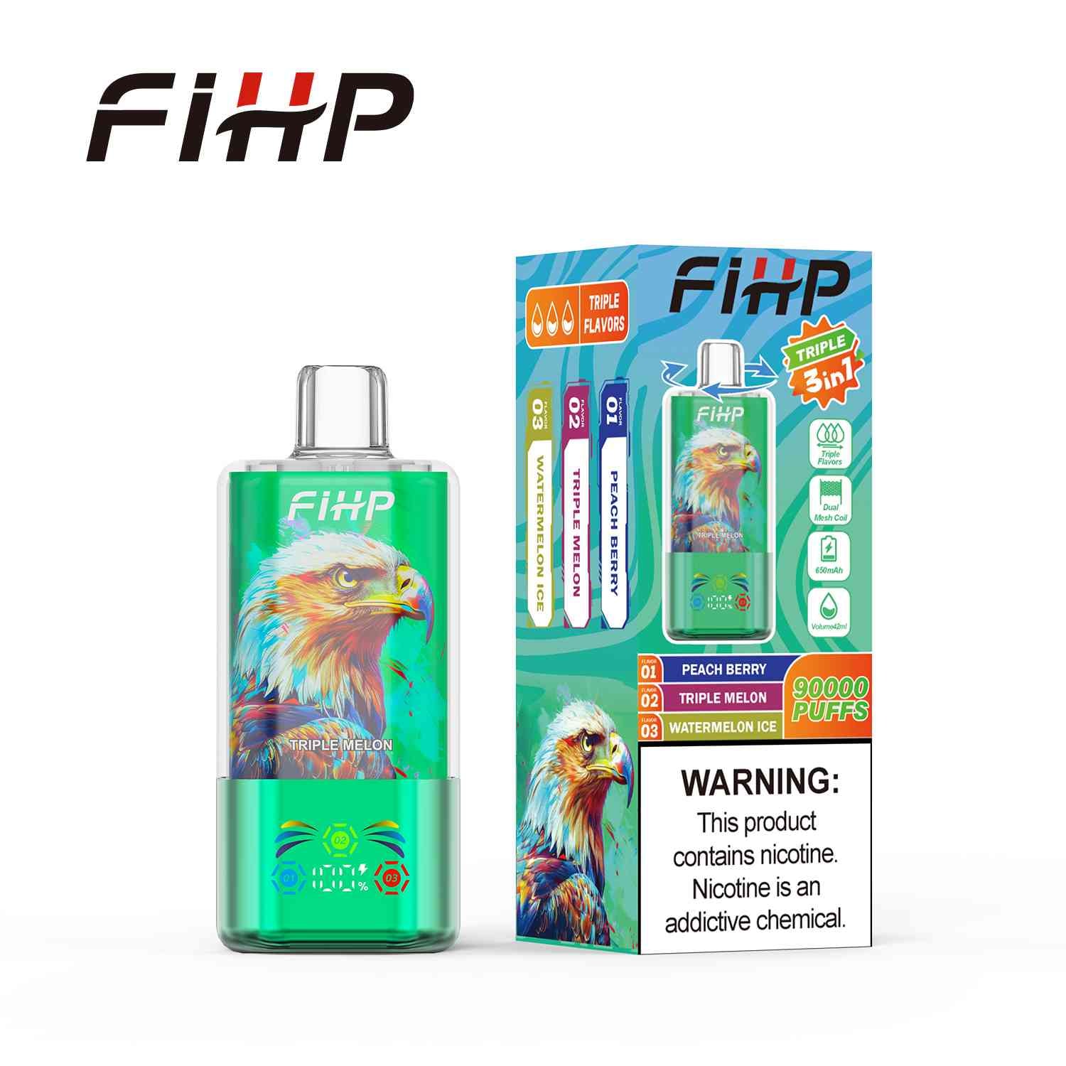 FIHP 3 in 1 90000 Puffs Disposable Vape | Triple Flavor Switch LED Display Dual Mesh Coil Rechargeable Type-C 42ML Vape - 画像 (7)