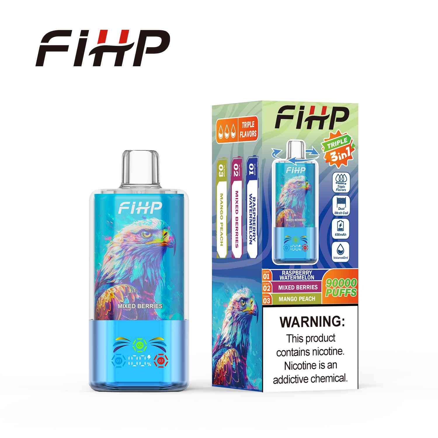 FIHP 3 in 1 90000 Puffs Disposable Vape | Triple Flavor Switch LED Display Dual Mesh Coil Rechargeable Type-C 42ML Vape - 画像 (9)