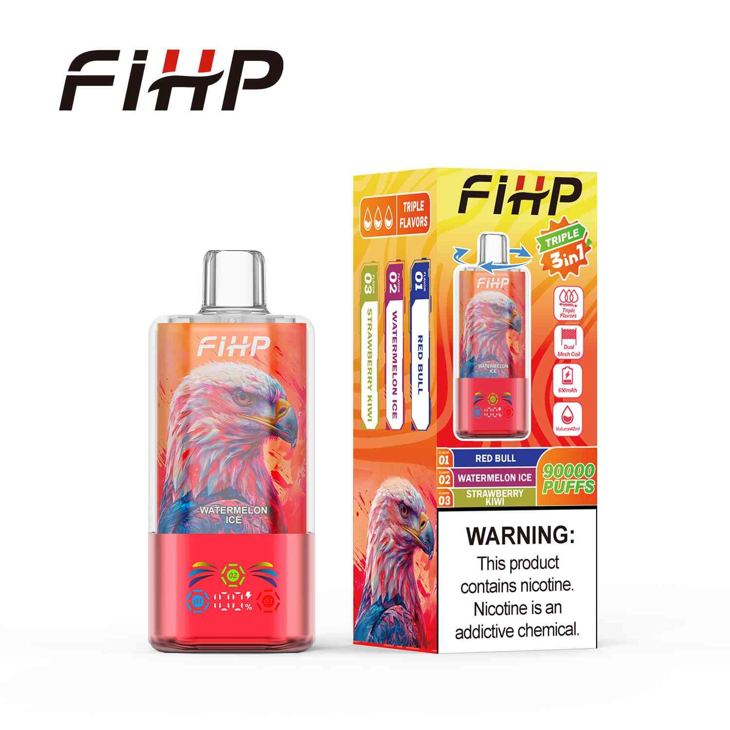 FIHP 3 in 1 90000 Puffs Disposable Vape | Triple Flavor Switch LED Display Dual Mesh Coil Rechargeable Type-C 42ML Vape - 画像 (10)