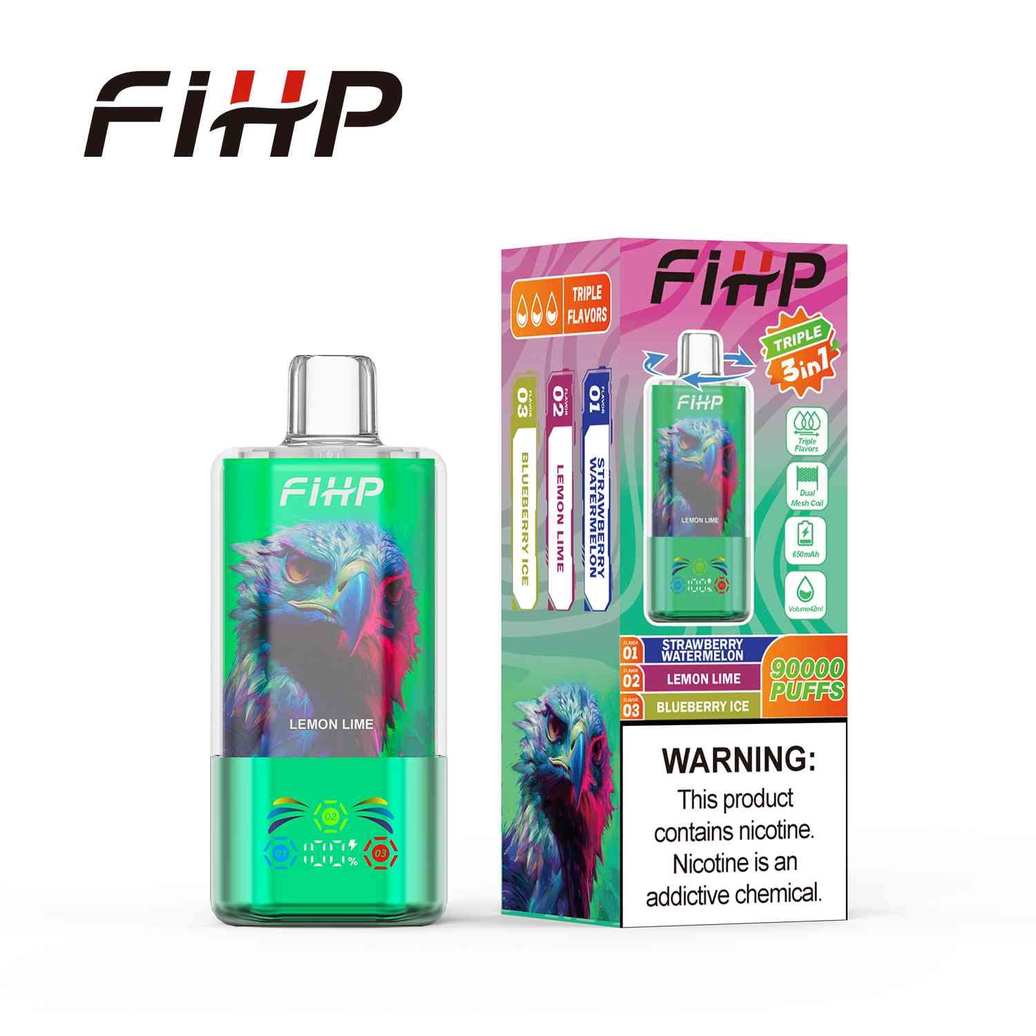 FIHP 3 in 1 90000 Puffs Disposable Vape | Triple Flavor Switch LED Display Dual Mesh Coil Rechargeable Type-C 42ML Vape - 画像 (11)