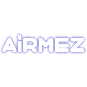 White rounded text reading “AiRMEZ” on a purple horizontal banner against a light gray background