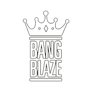 Line-art crown above stacked text reading BANG BLAZE on a light background