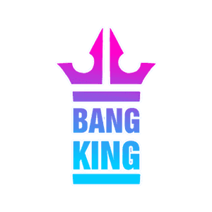 Pink and purple crown icon above the words BANG KING in blue gradient text on a light gray background