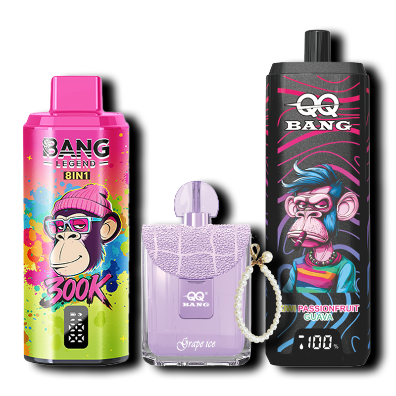 Three colorful Bang vape devices with cartoon monkey designs beside a purple Grape Ice perfume bottle with pearl charm