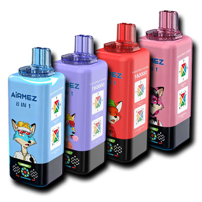 Four colorful Airmez 8 in 1 vape devices with cartoon fox graphics and 16000 label, shown in blue, purple, red, and pink