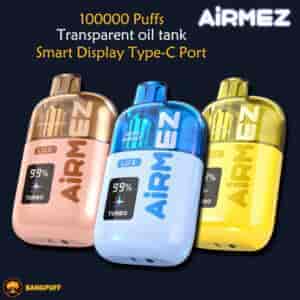 Three colorful Airmez vape devices with transparent tanks and digital 99% displays shown alongside text highlighting features like 100000 puffs