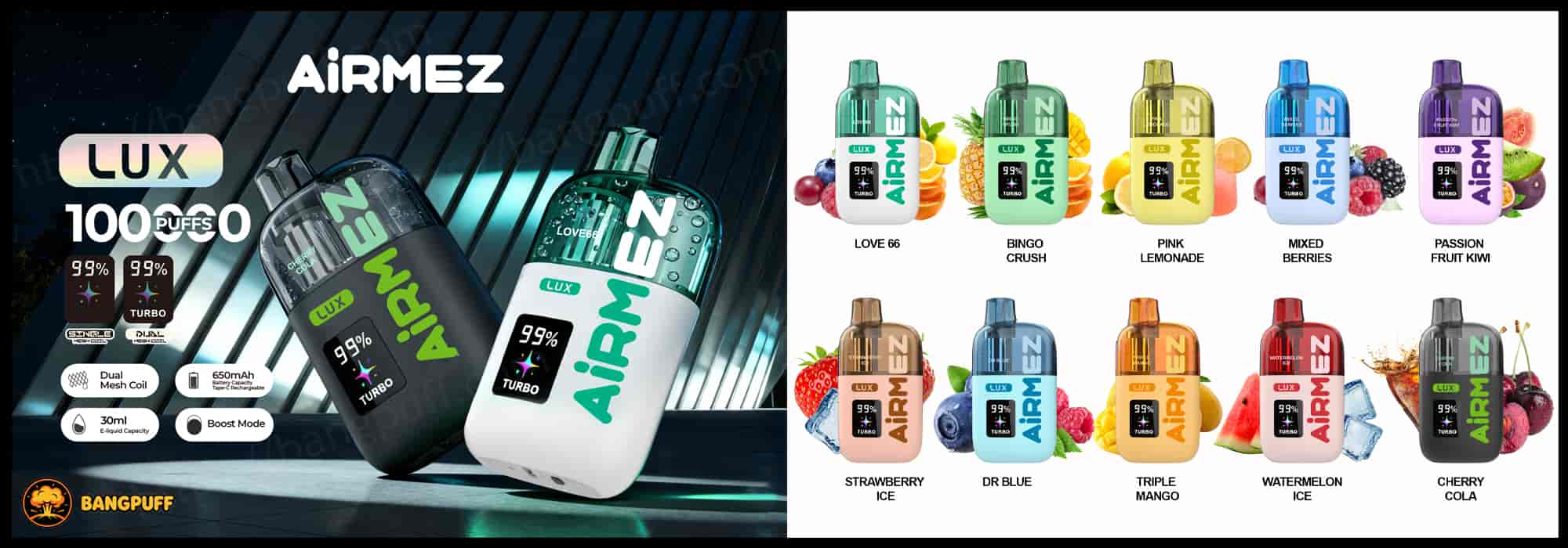 Colorful Airmez Lux vape devices displayed with flavor names and matching fruit images on a white background