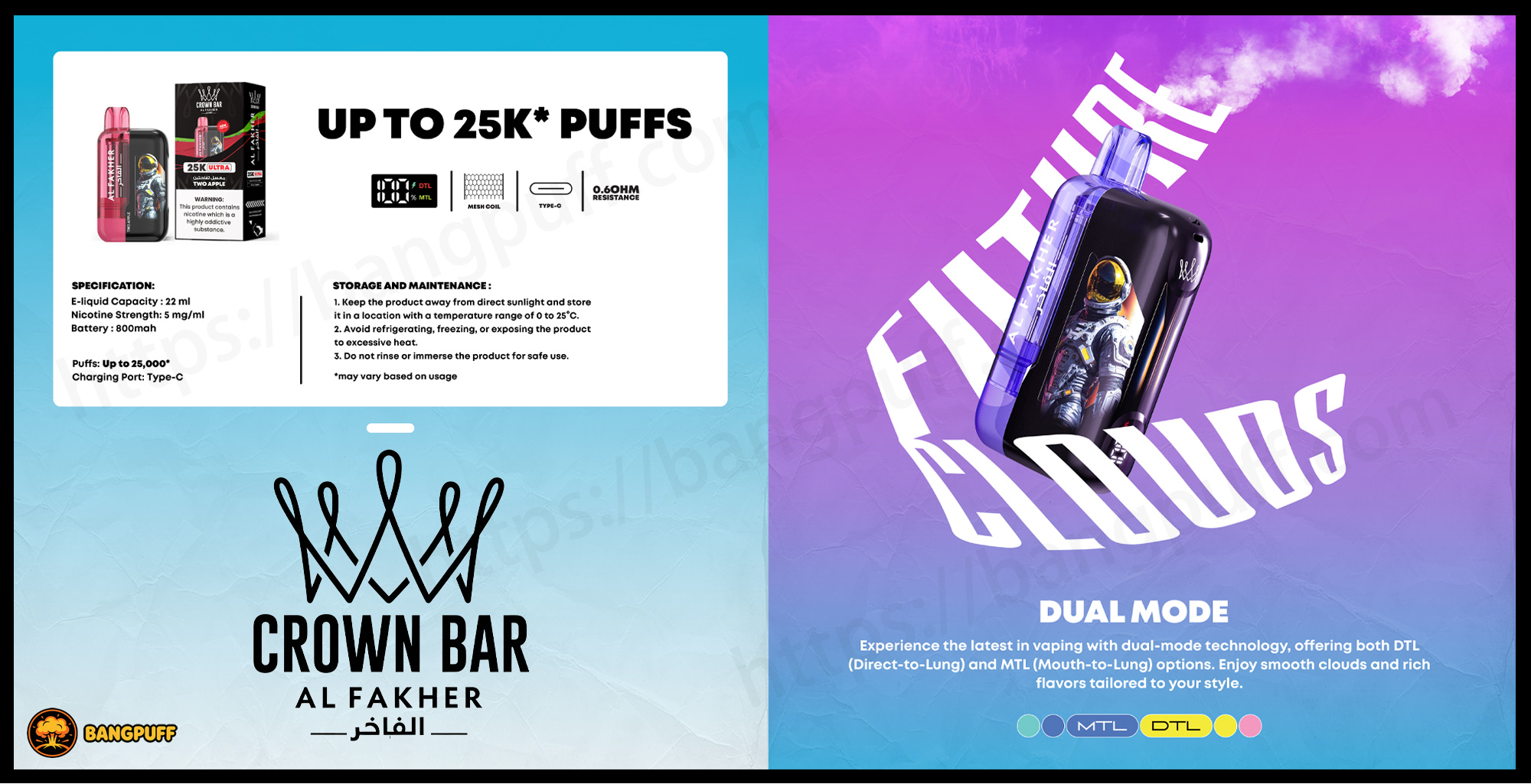 Crown Bar Al Fakher vape device ad highlighting up to 25K puffs and dual DTL/MTL modes with astronaut design