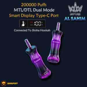 Two purple and black shisha hookah attachments with flavor labels and a small digital display, shown alongside text highlighting features like dual mode and Type‑C charging