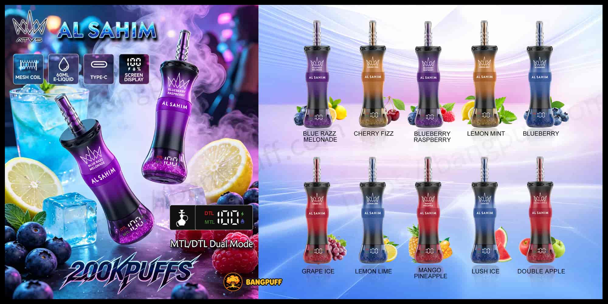 AL SAHIM disposable vape lineup with colorful fruit flavors, 200K puffs, mesh coil, screen display, and MTL/DTL dual mode