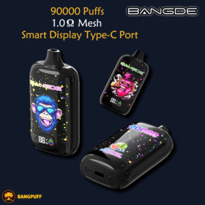 Three BANGDE vape devices with colorful monkey designs and text “90000 Puffs, 1.0Ω Mesh, Smart Display, Type‑C Port”