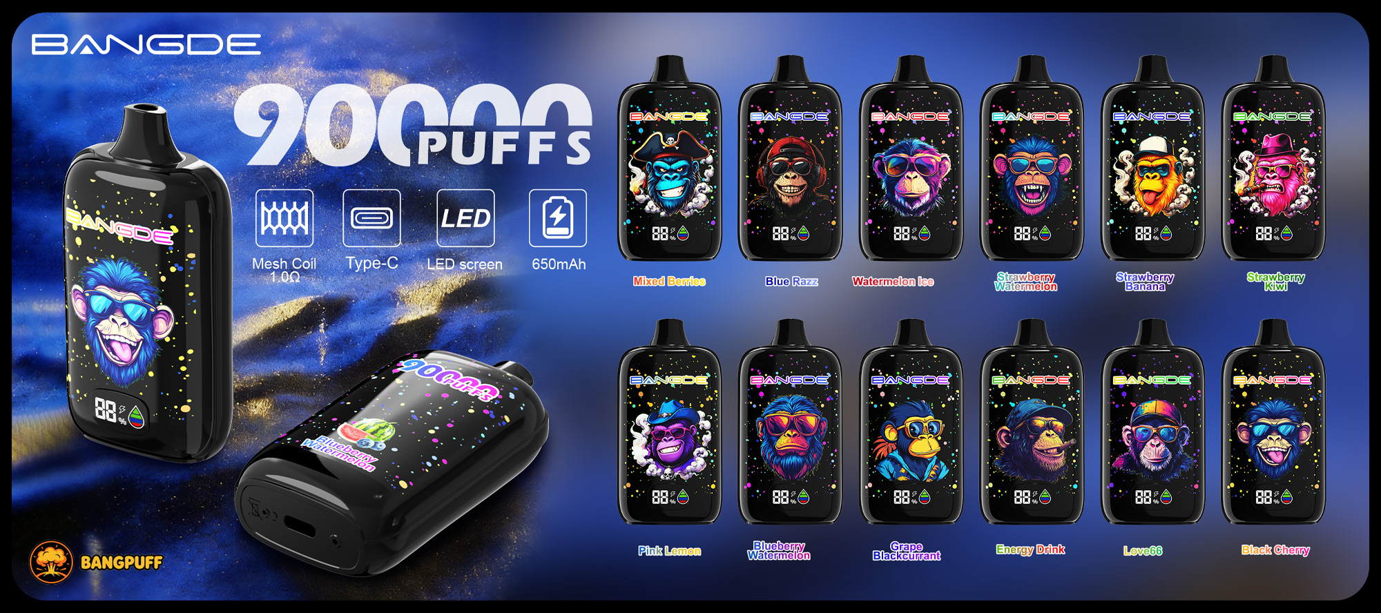 Bangde 9000 puffs disposable vape devices with LED screen, 650mAh battery, and assorted fruit flavors displayed