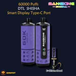 スマートディスプレイとType-Cポートを備えたパープルのBangking DTLシーシャデバイス、60000パフと表示され、eシーシャヘッドアタッチメント付きで表示