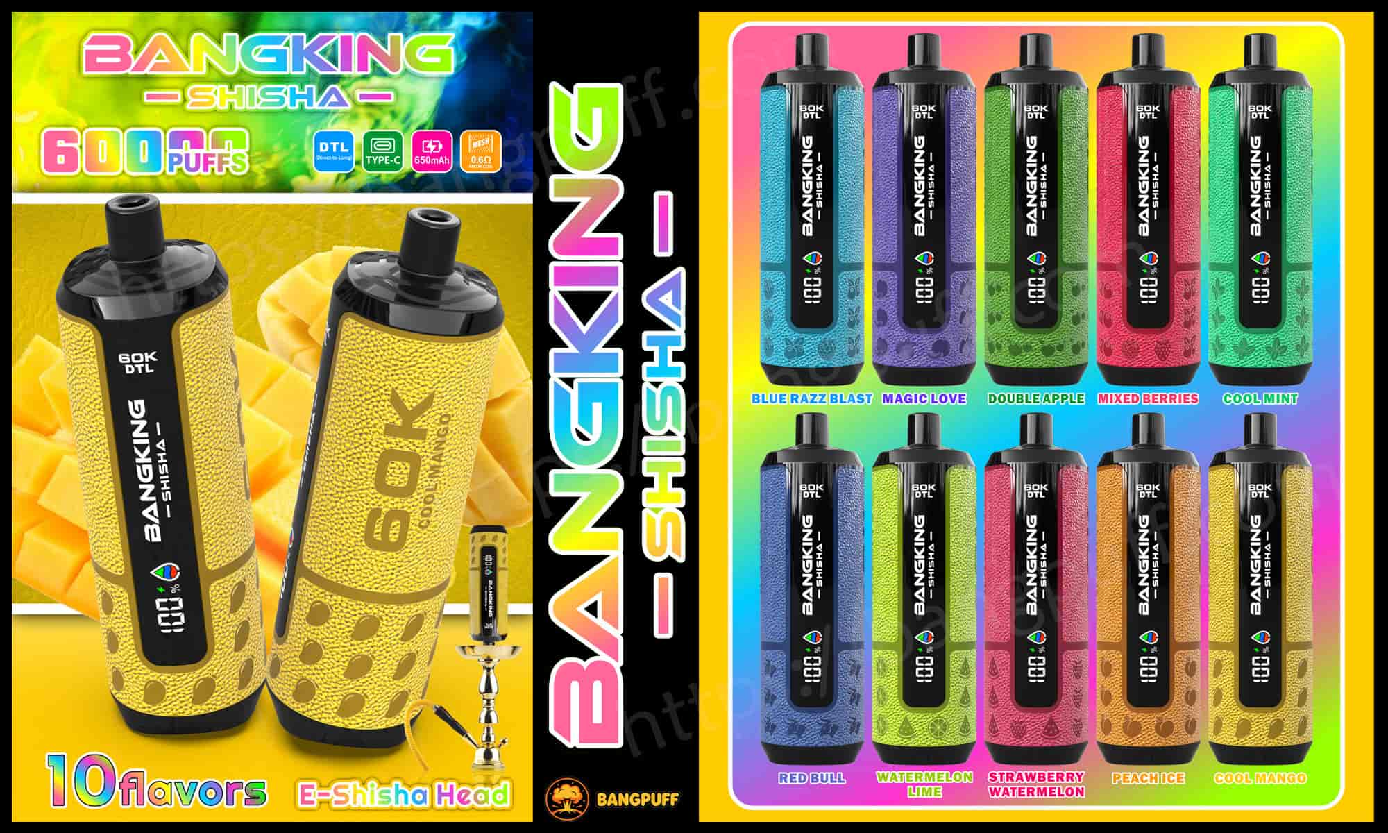 カラフルなBangking Shisha 60K DTL使い捨てベイプ広告、10種のフレーバーと60,000パフ、テクスチャードデバイス表示
