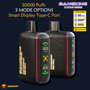 Two black Bangking vape devices with smart display, 50,000 puffs, 3 modes, Type‑C port, Strawberry Red Bull flavor branding