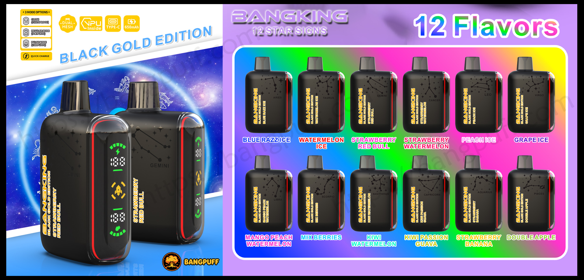 Bangking Black Gold Edition vape with zodiac design, digital display, and 12 flavor options shown on a colorful background