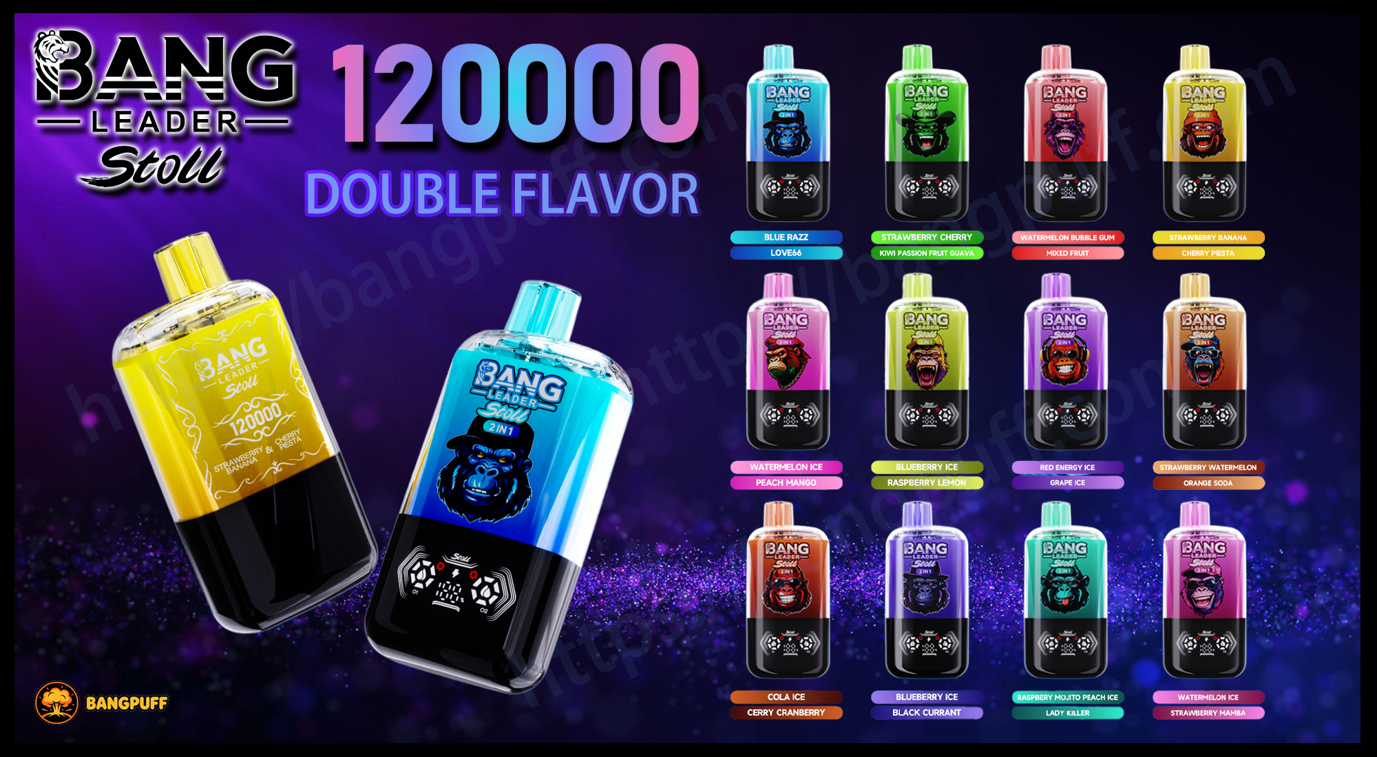Promotional banner for Bang Leader Stoll 120000 double flavor disposable vapes in multiple colors and flavor options