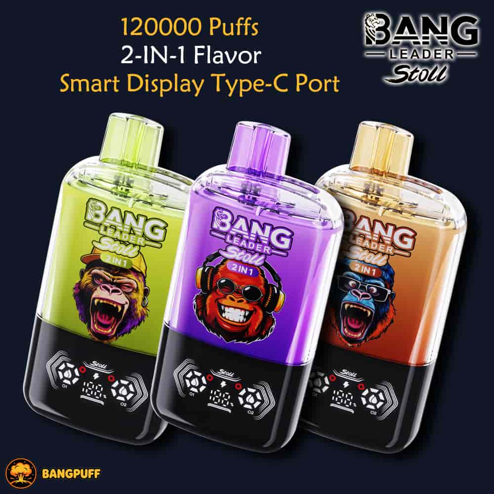 Three colorful Bang Leader Stoll 2-in-1 vape devices with smart display, labeled 120000 puffs and Type-C port