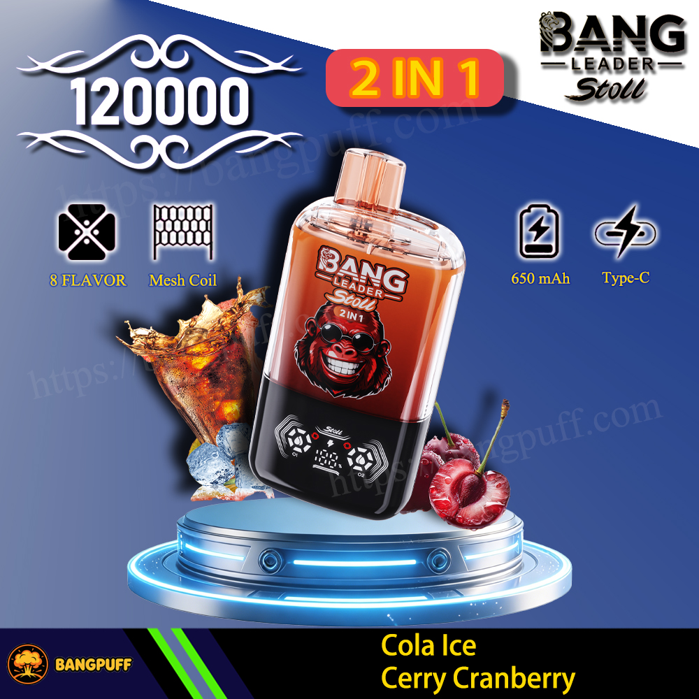 Bang Leader Stoll 2-in-1 vape device, 12000 puffs, Cola Ice and Cherry Cranberry flavors, 650 mAh Type-C rechargeable