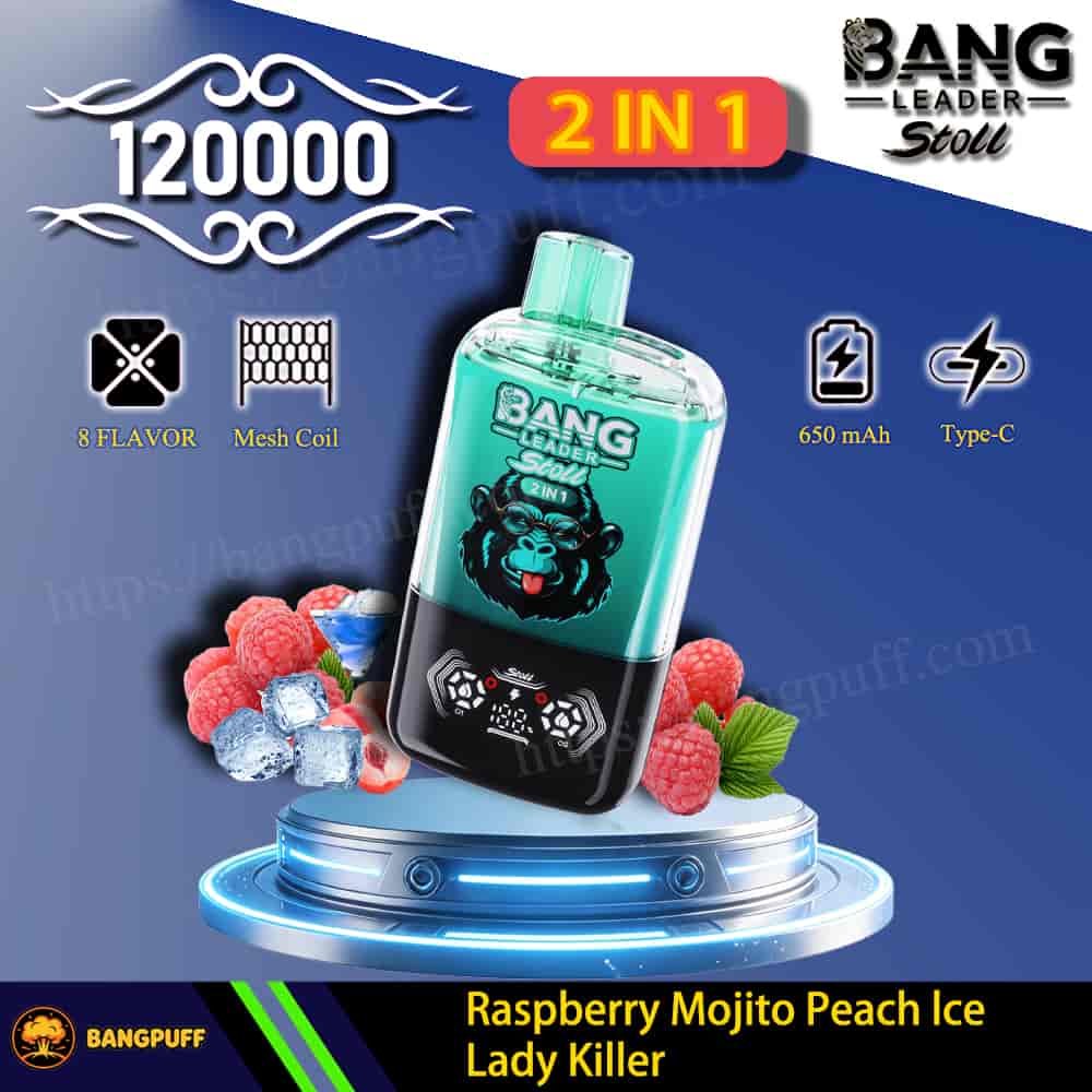 Bang Leader Stoll 2-in-1 vape with 120000 puffs, 650 mAh Type-C, Raspberry Mojito Peach Ice flavor, mesh coil and 8 flavors