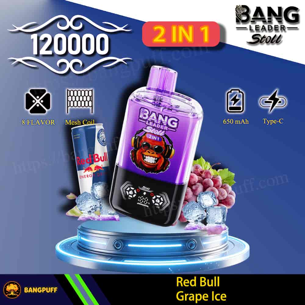 Bang Leader Stoll 2-in-1 vape device with 120000 puffs, Red Bull Grape Ice flavor, 650 mAh Type-C battery