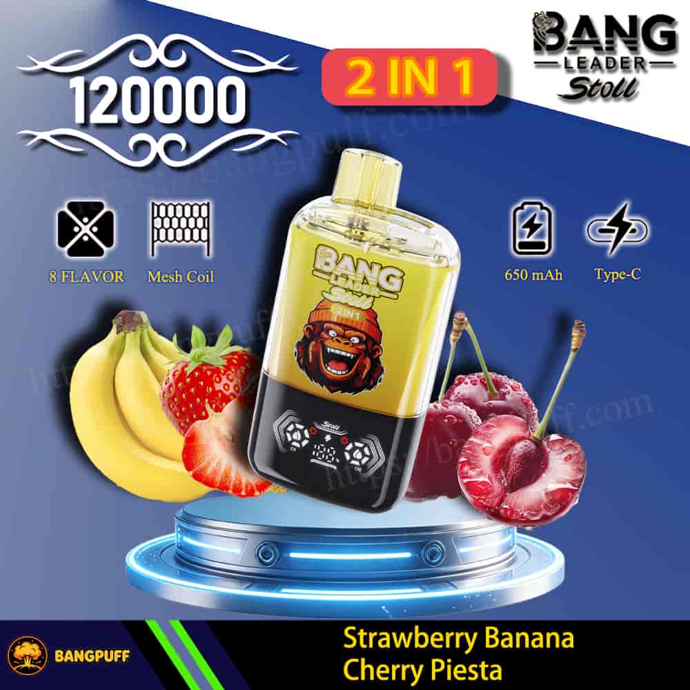 Bang Leader Stoll 2-in-1 vape with 120000 puffs, 650mAh Type-C, strawberry, banana, and cherry flavors displayed