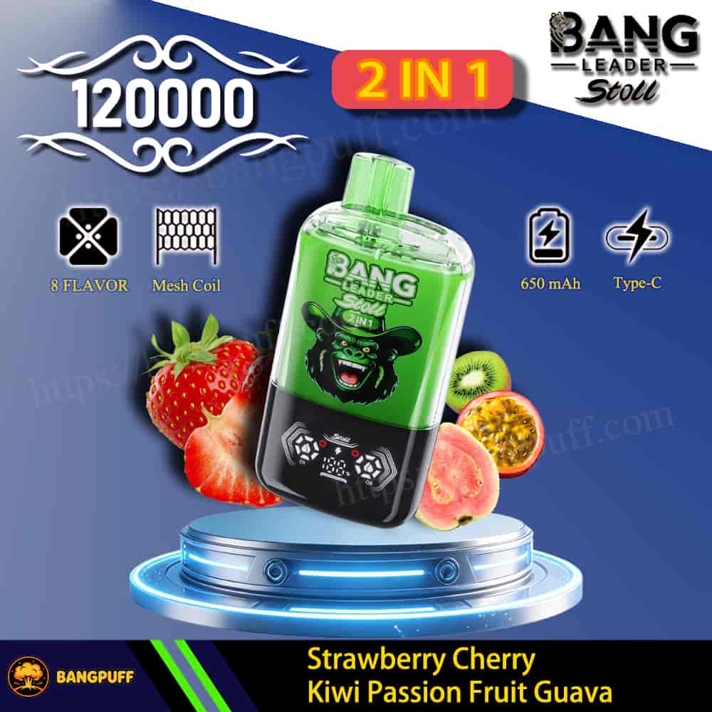 Bang Leader Stool 2 in 1 vape device, 120000 puffs, 650 mAh Type-C, strawberry cherry kiwi passion fruit guava flavor