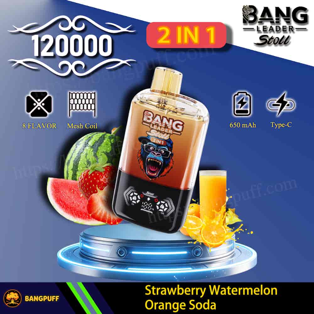 Bang Leader 2-in-1 disposable vape, 120000 puffs, strawberry watermelon orange soda flavor, 650 mAh Type-C rechargeable