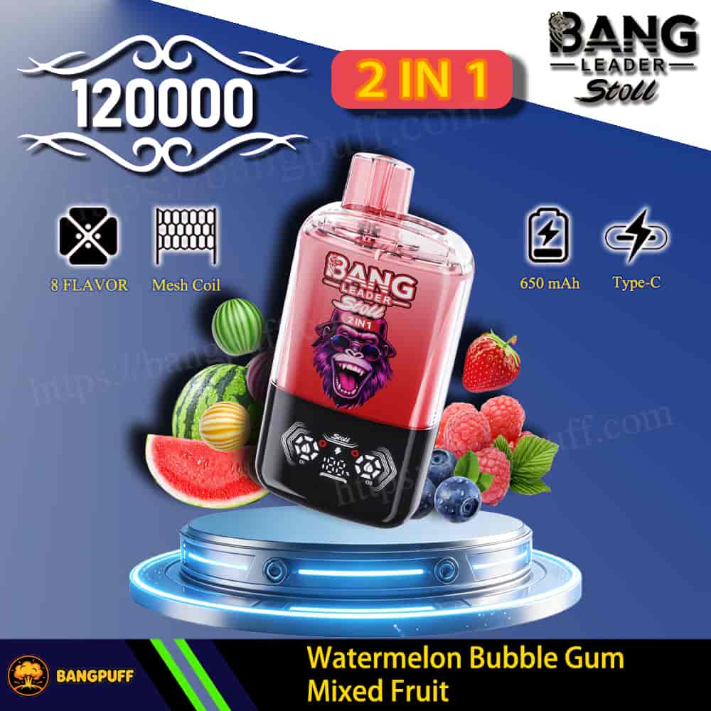Bang Leader Stoll 2-in-1 vape device with 120000 puffs, 650 mAh Type-C, mesh coil, Watermelon Bubble Gum Mixed Fruit flavor