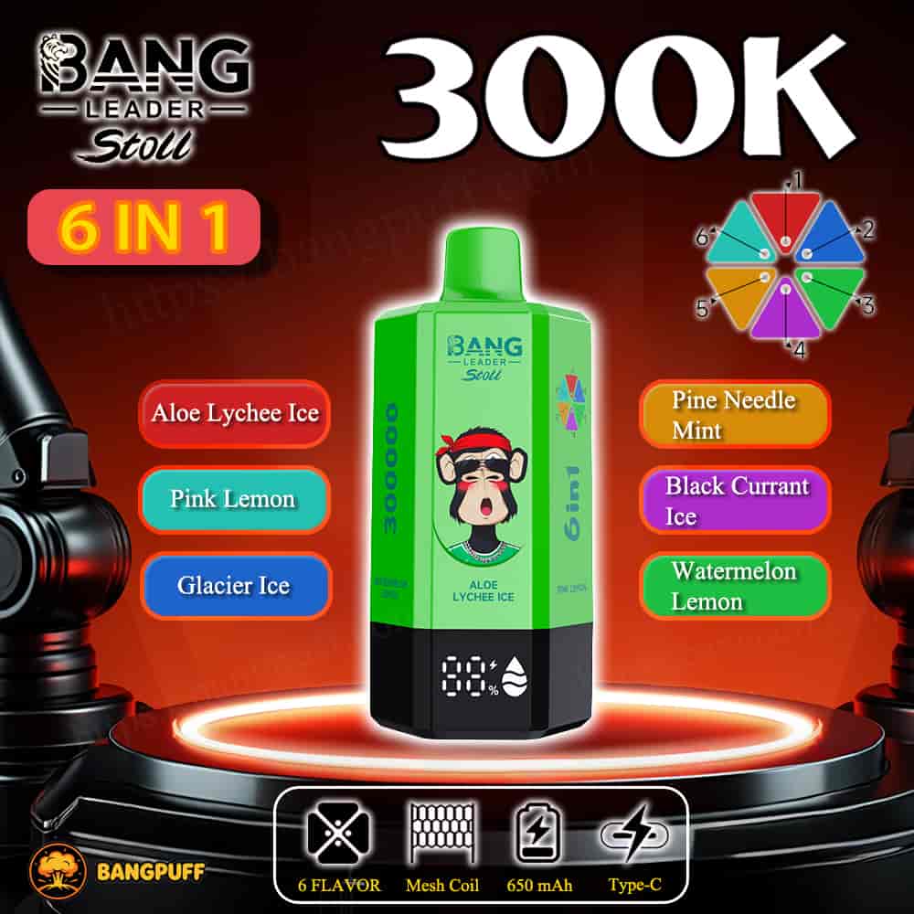 Bang Leader Stoll 300K 6-in-1 vape device with six flavors, 650mAh battery, and Type-C charging displayed on a lit stage