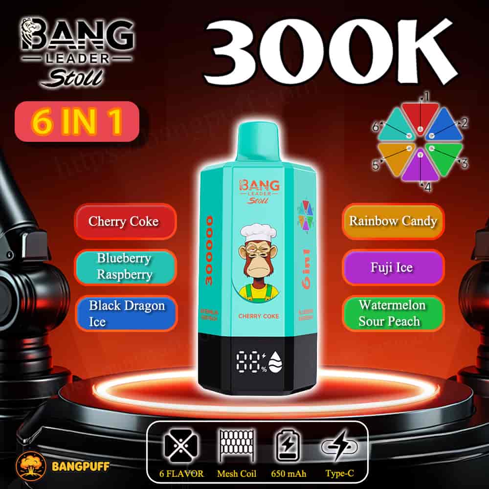 Bang Leader Stoll 6‑in‑1 vape device labeled 300K with flavor options including Cherry Coke and Rainbow Candy
