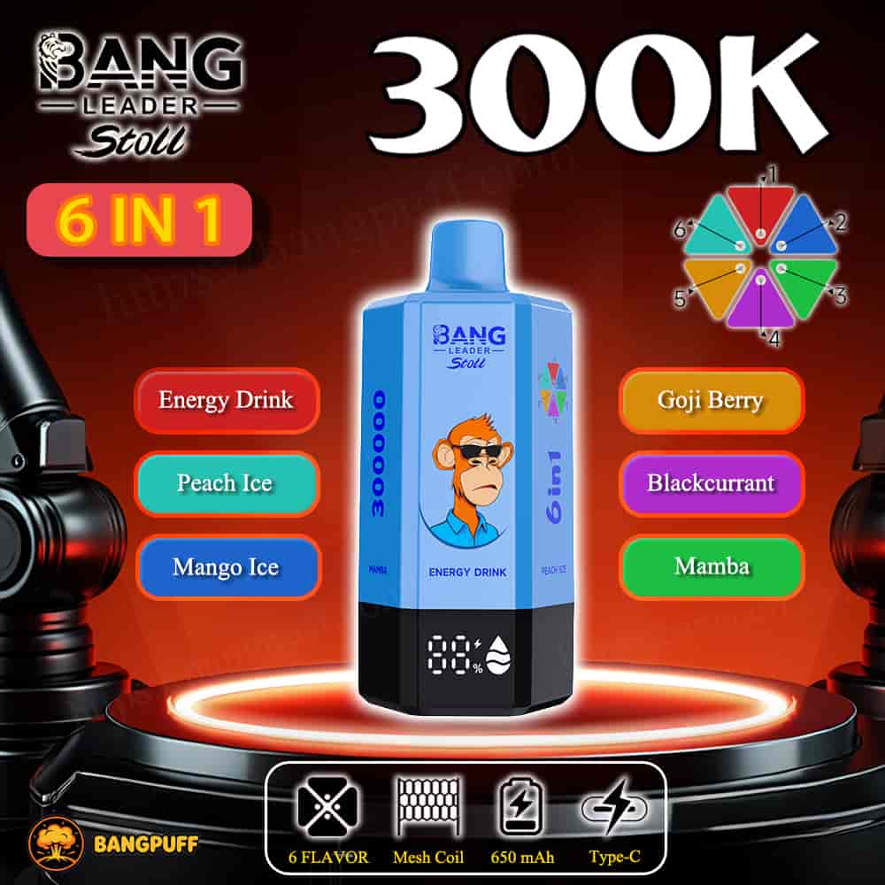Bang Leader Stoll 300K 6-in-1 vape device with six flavors including Energy Drink, Peach Ice, and Goji Berry displayed on stage
