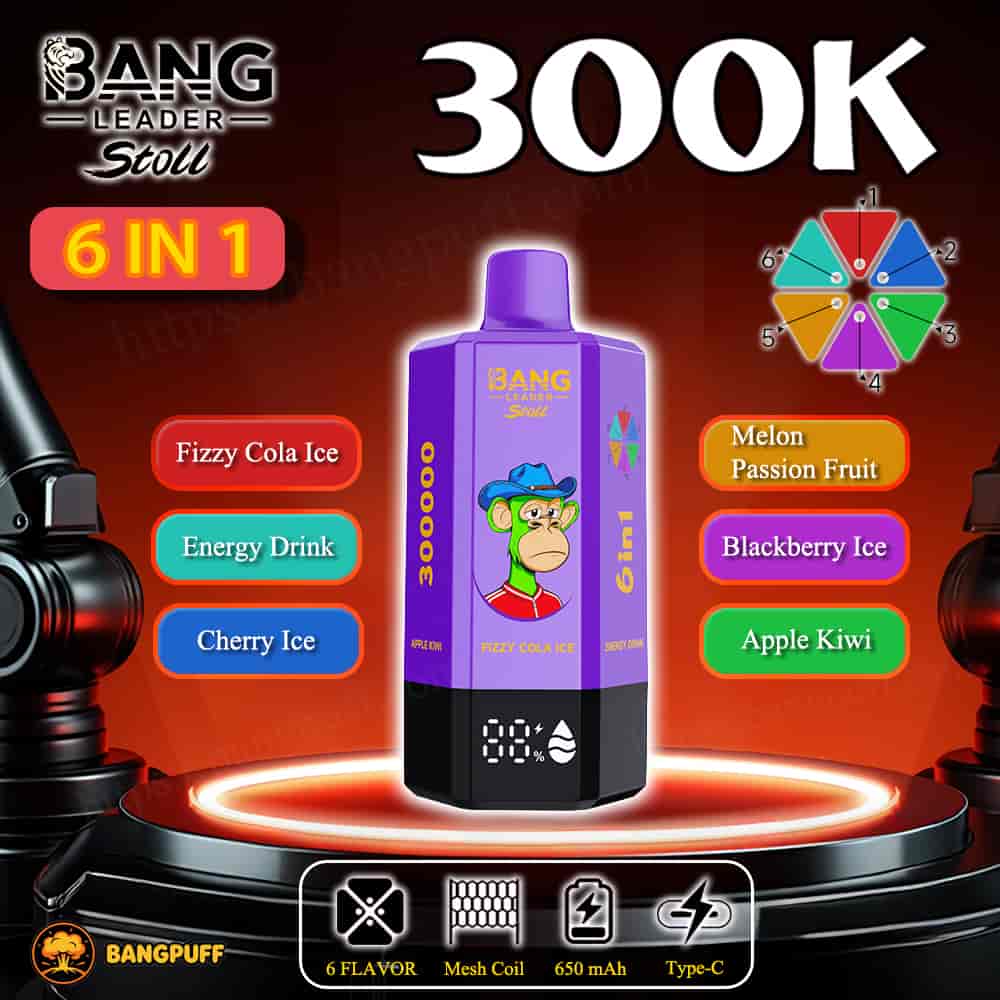 Bang Leader Stoll 300K 6‑in‑1 vape device with flavor options and 650 mAh Type‑C rechargeable battery displayed on a lit stage