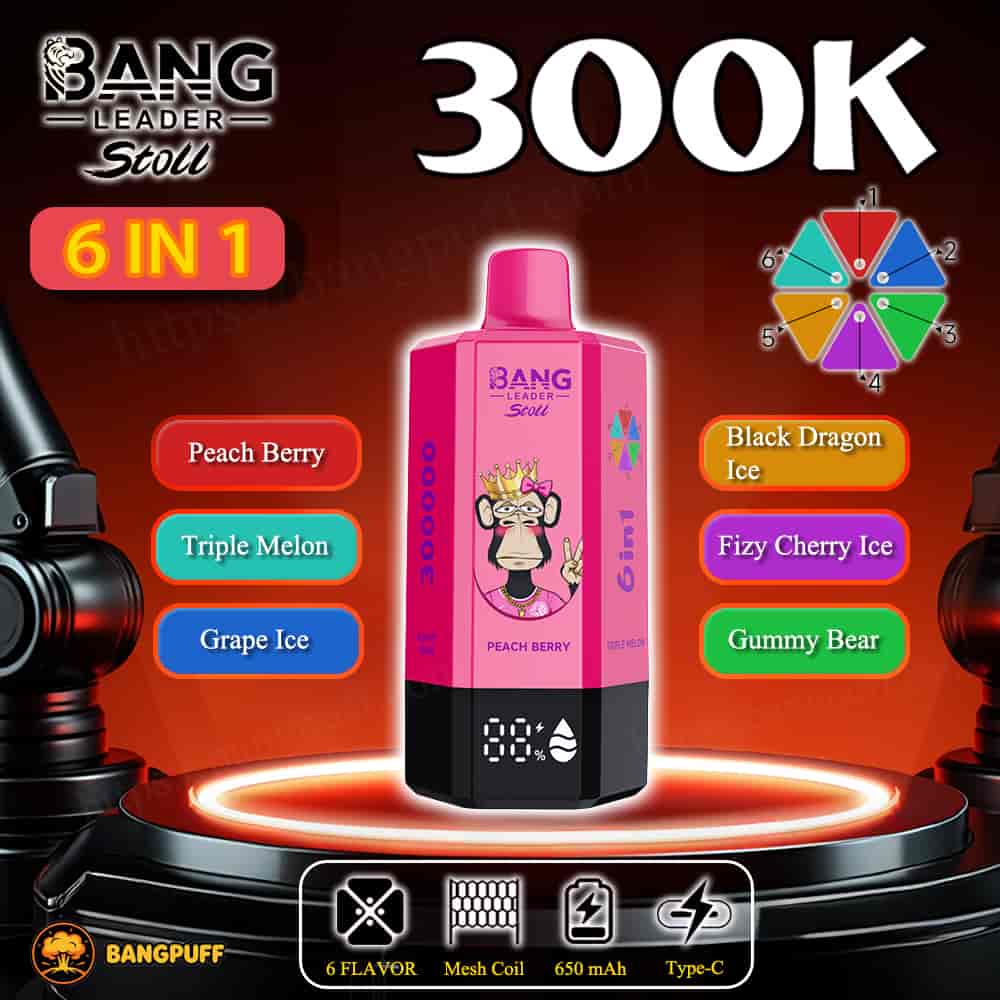 Pink Bang Leader Stoll 3000K 6-in-1 vape device with flavor options and 650 mAh Type-C charging displayed on stage backdrop