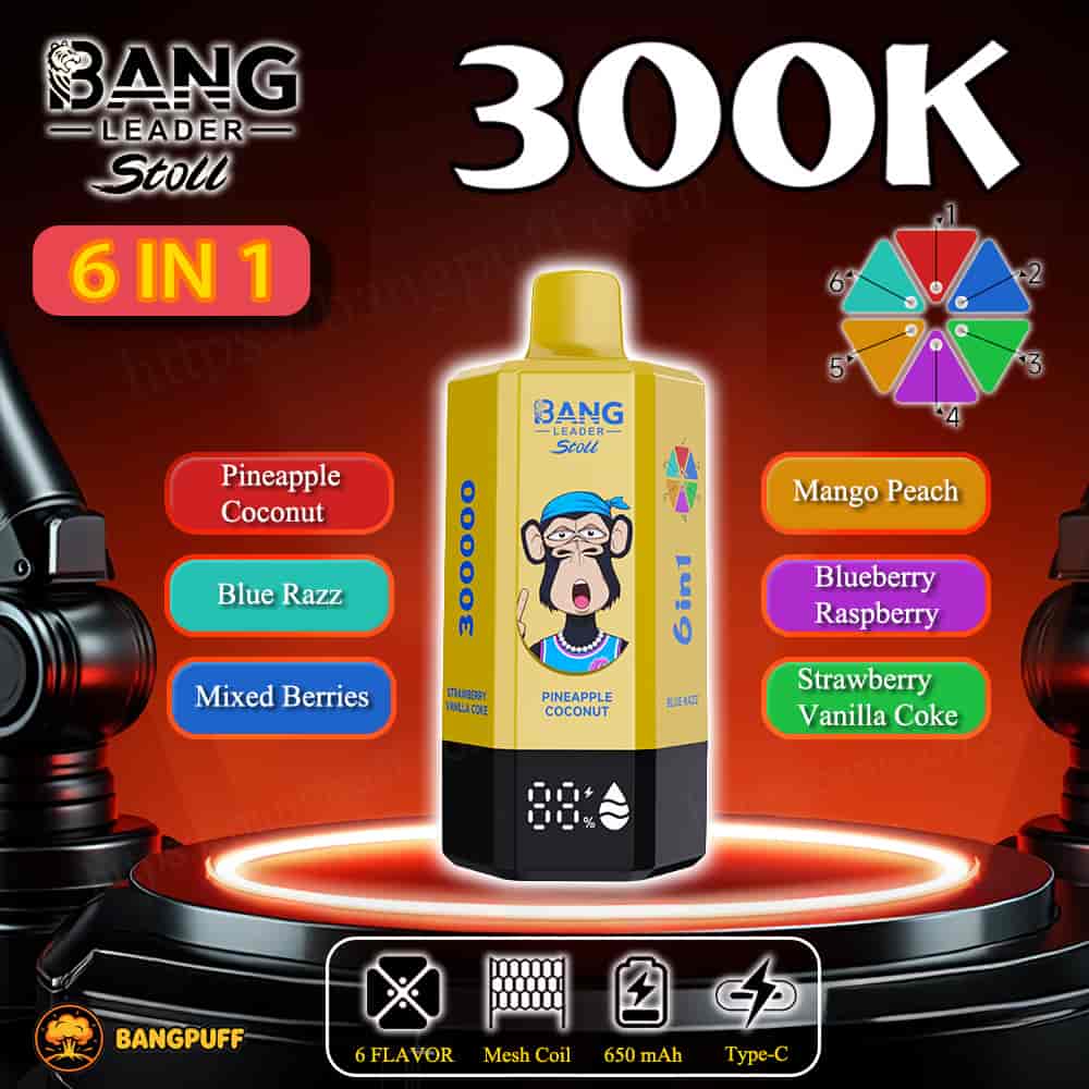 Bang Leader Stoll 300K 6-in-1 vape device with 650 mAh Type-C battery and six flavors including Pineapple Coconut and Blue Razz