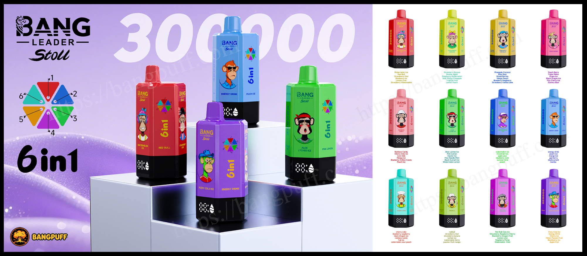 Colorful Bang Leader Stoll 6-in-1 disposable vape devices with 30,000 puffs shown in multiple flavors and designs