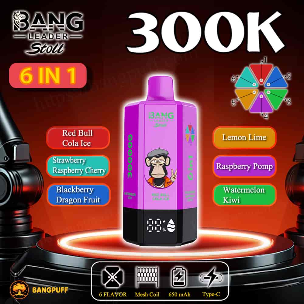 Bang Leader Stoll 6-in-1 vape device, 300K puffs, with flavor options and 650 mAh Type-C rechargeable battery