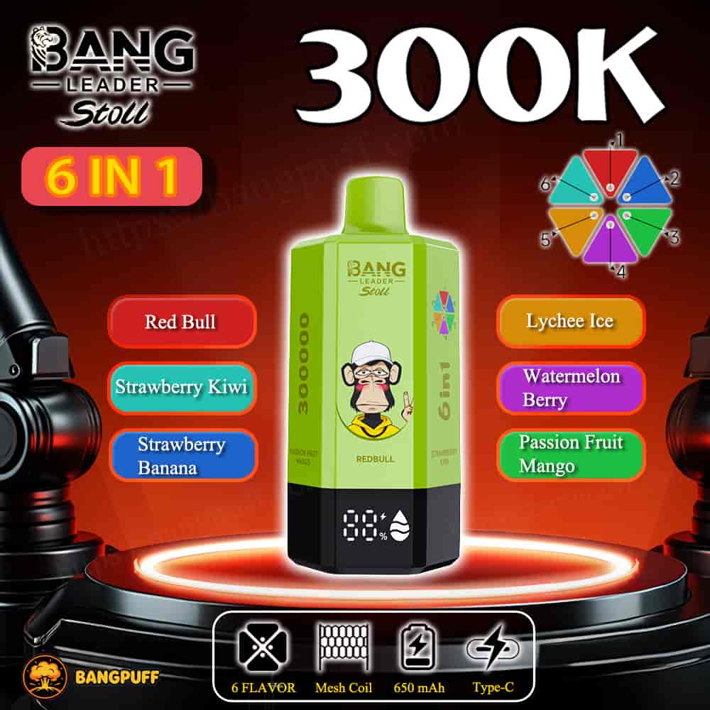Bang Leader Stoll 300K 6-in-1 vape device with multiple flavors and 650 mAh battery displayed on a lit podium