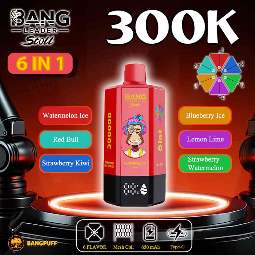 Promotional graphic for Bang Leader Stoll 300K 6-in-1 vape with flavor options and 650 mAh Type-C features displayed