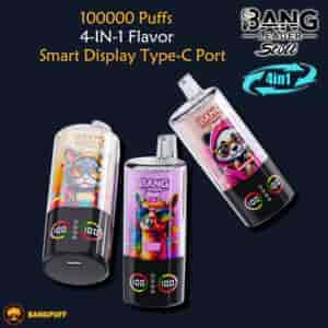 Three Bang Leader Stoll vape devices with colorful animal art, 100000 puffs, 4-in-1 flavor, smart display, Type-C port