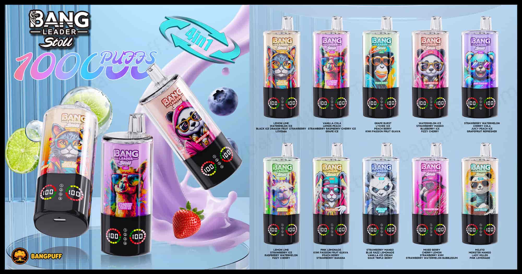 Promotional graphic for Bang Leader Stoll 4‑in‑1 vape with 10,000 puffs, showing colorful animal designs and multiple flavors