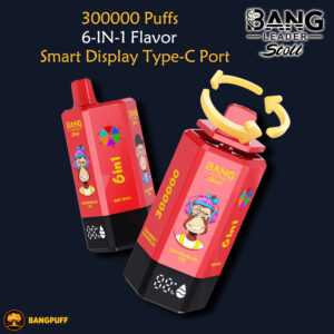Red Bang Leader Stoll vape device advertising 300000 puffs, 6-in-1 flavor, smart display, and Type-C port