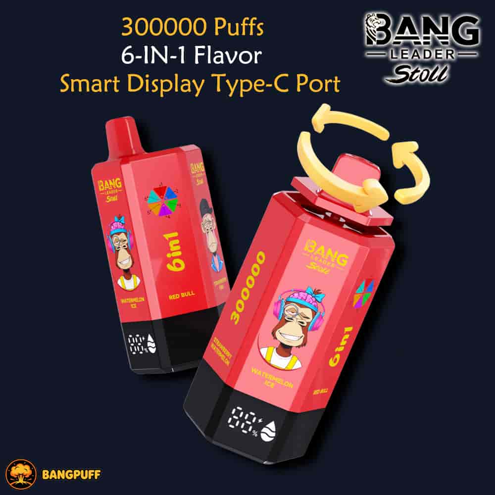 Red Bang Leader Stoll vape device advertising 300000 puffs, 6-in-1 flavor, smart display, and Type-C port