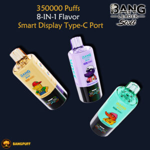 Three colorful Bang Leader Stoll vape devices labeled 350000 Puffs, 8-in-1 Flavor, Smart Display Type-C Port