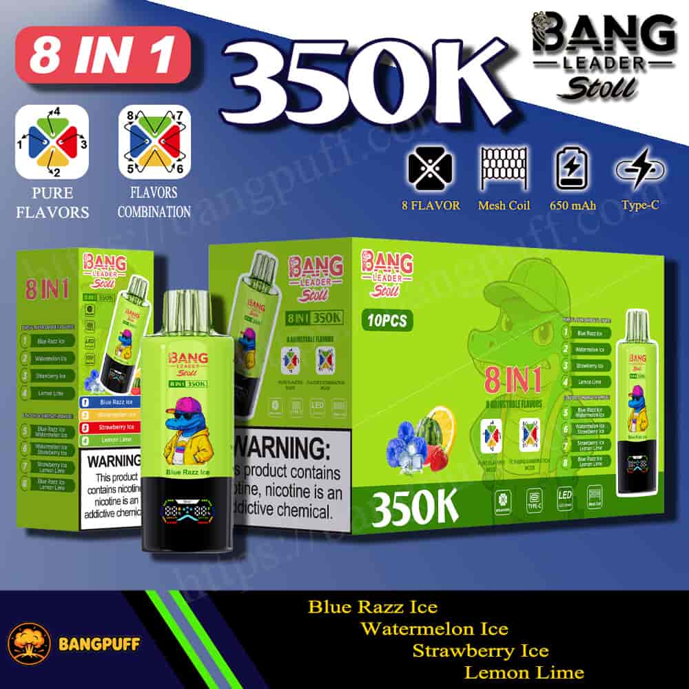 Promotional image of Bang Leader Stoll 8-in-1 350K disposable vape with flavor options and green packaging