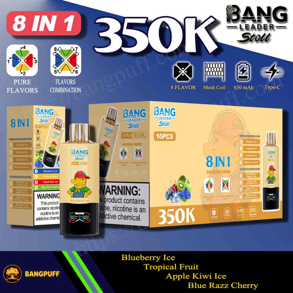 Bang Leader Stoll 8 in 1 350K disposable vape kit with flavor options, 650mAh battery, mesh coil, and Type‑C charging