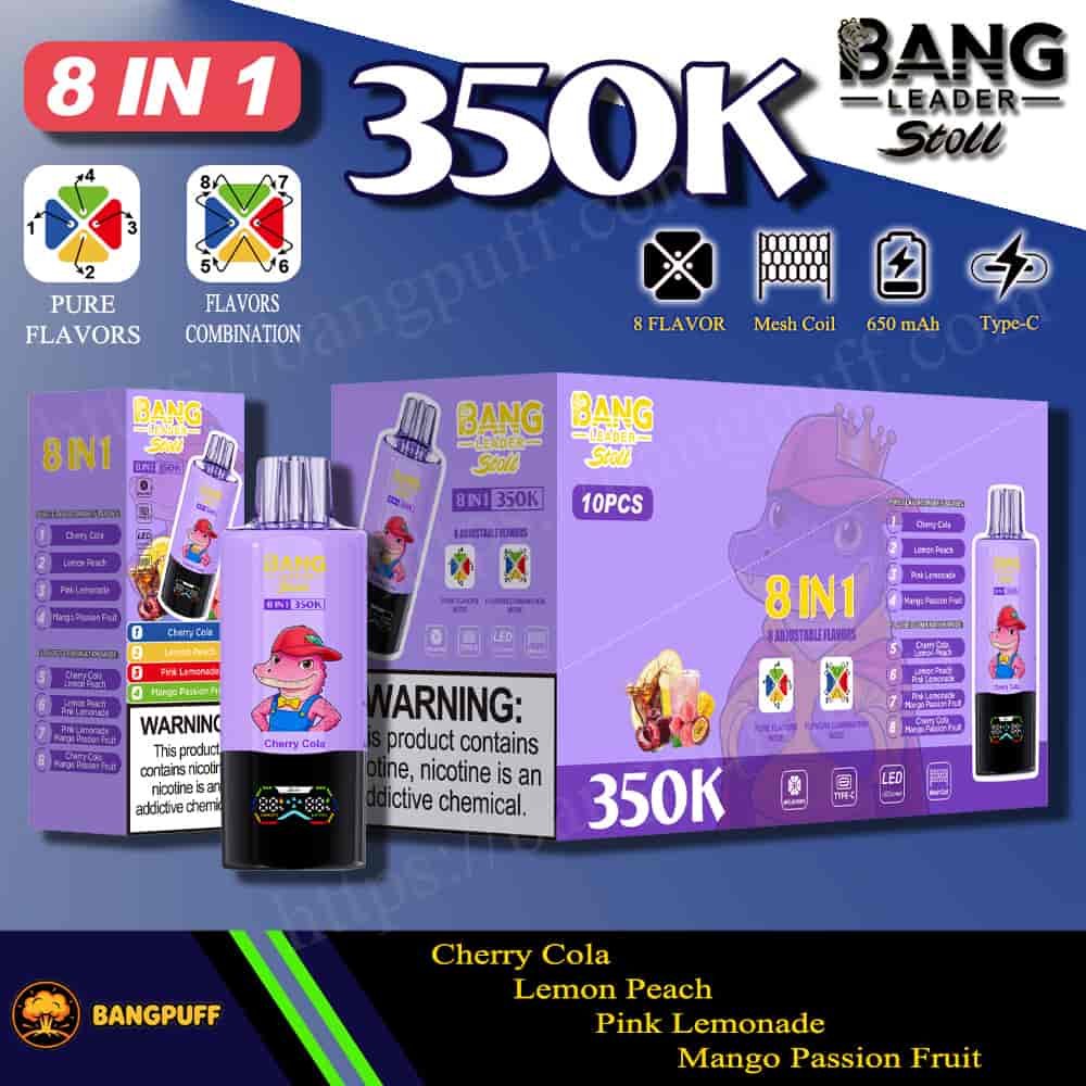 Bang Leader Stoll 8-in-1 350K vape kit packaging with device, flavor options, and feature icons displayed in purple design